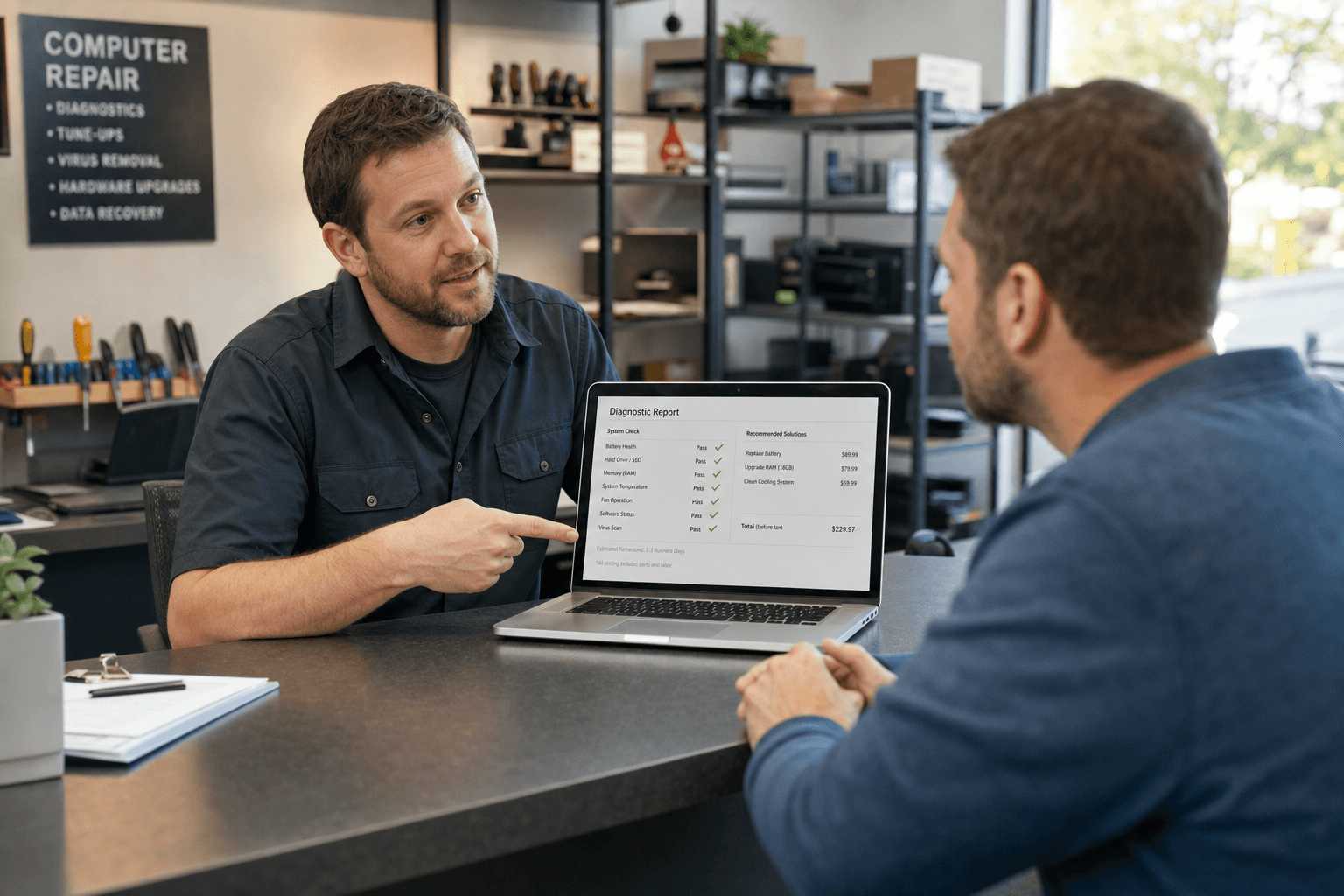 Repair shop technician explaining repair options and pricing to a customer at the service counter