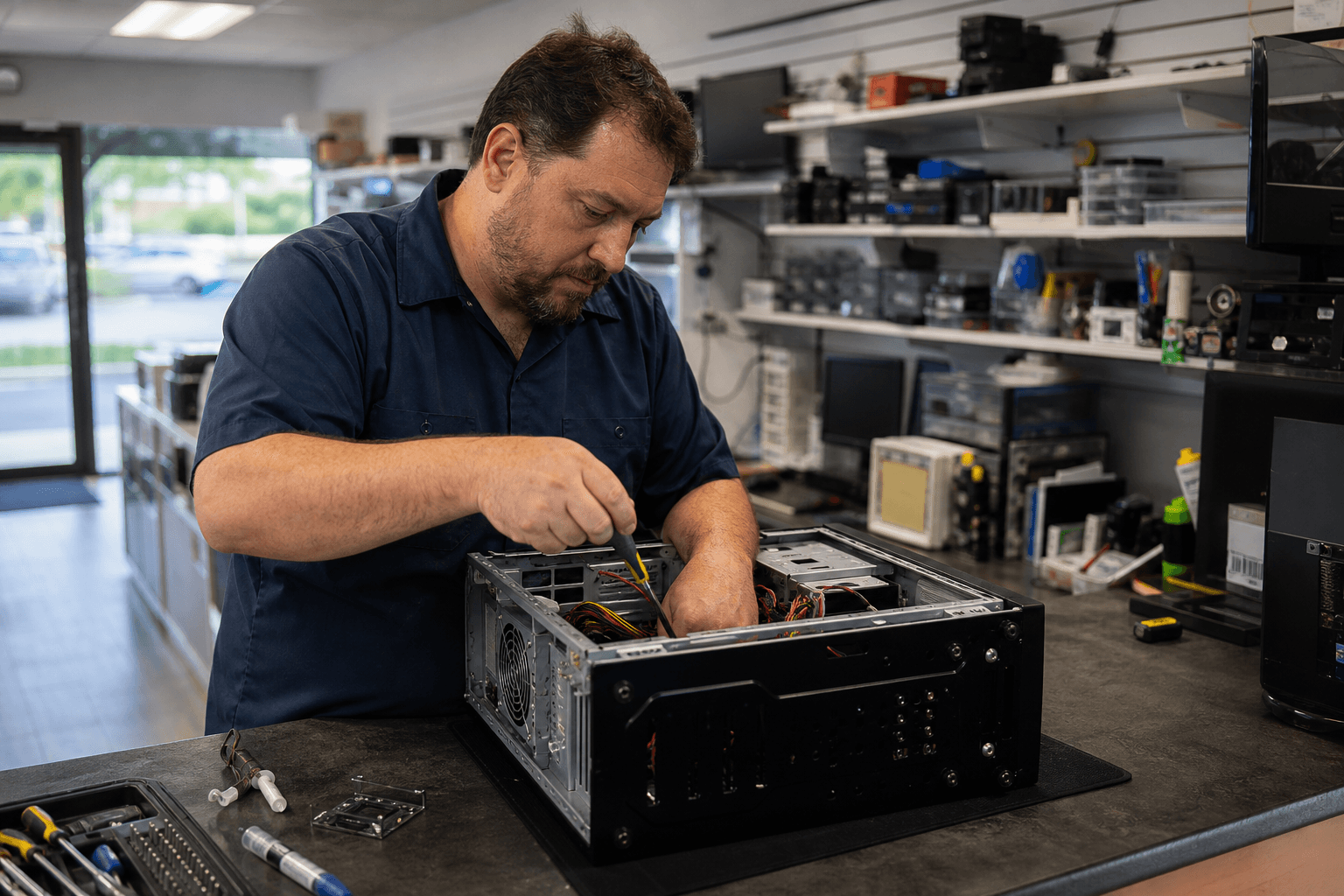 Technician repairing a desktop computer at a local repair shop workbench